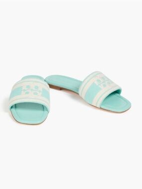 Tory Burch Aqua Jacquard Slide Sandals with Cream Stripes Double T Logo